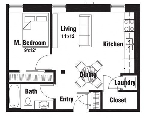 Floor plan for 1 bed, 1 bath, 528 sqft